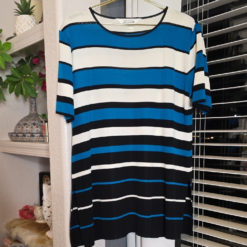 Misook Blue and Black Striped Short Sleeve Stretch Top Large